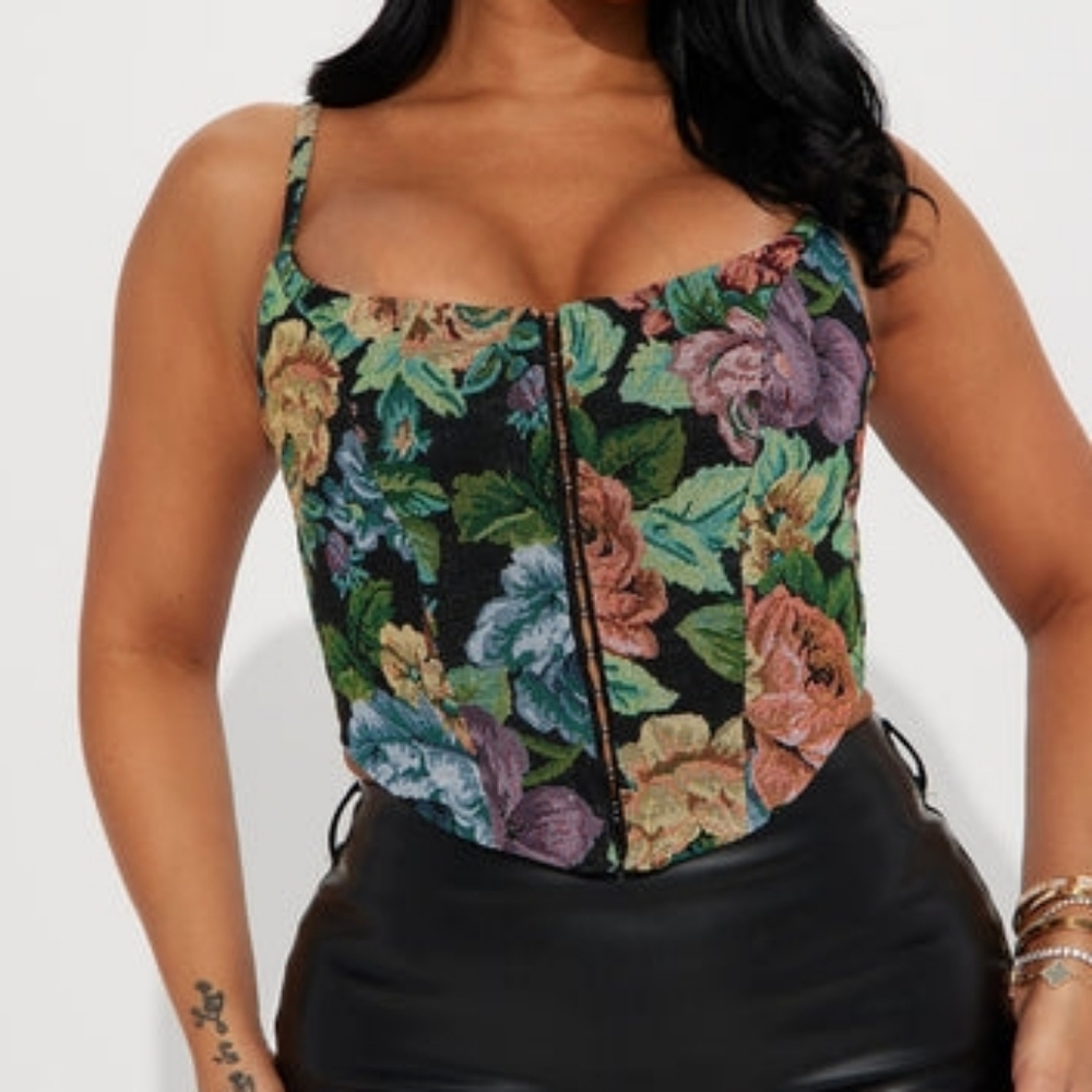 NWT Floral Zip Front Corset Top - XL - Coquette Goth Glam Cami